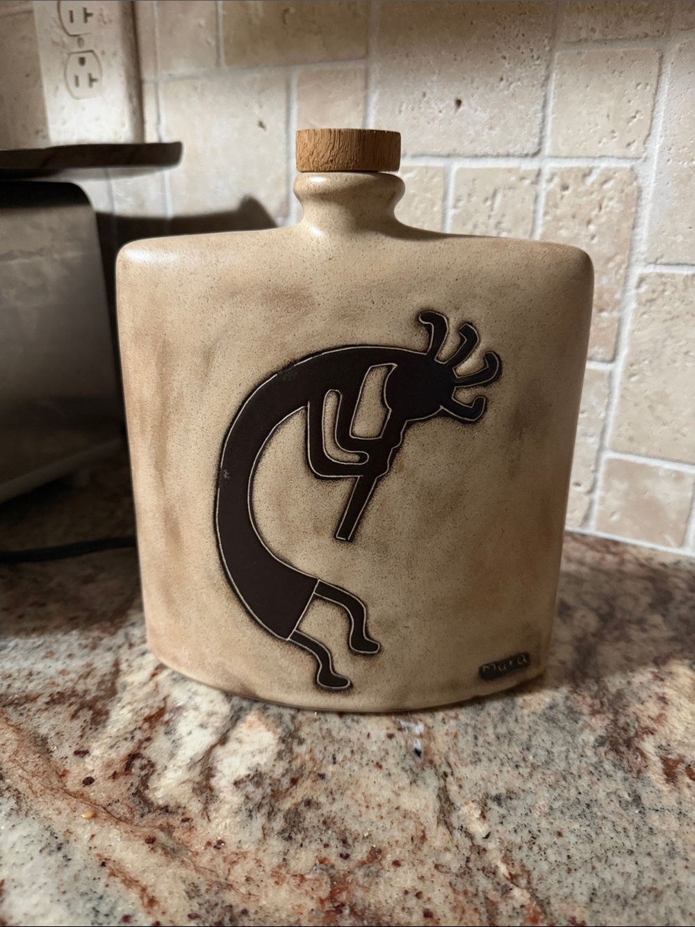 Large Ceramic Flask with Kokopelli Motif - Beige & Dark Brown by Mara